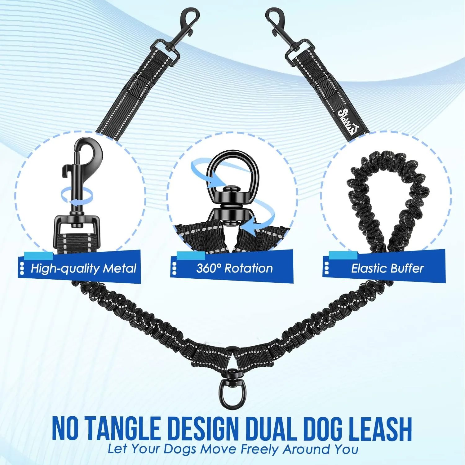 Lukovee Double Dog Leash, No Tangle - 360° Swivel Heavy Duty Reflective Lead for 2 Dogs with Two Padded Handles Dual Dog Splitter, Shock Absorbing Walking for Small Medium Dogs (Black,L)