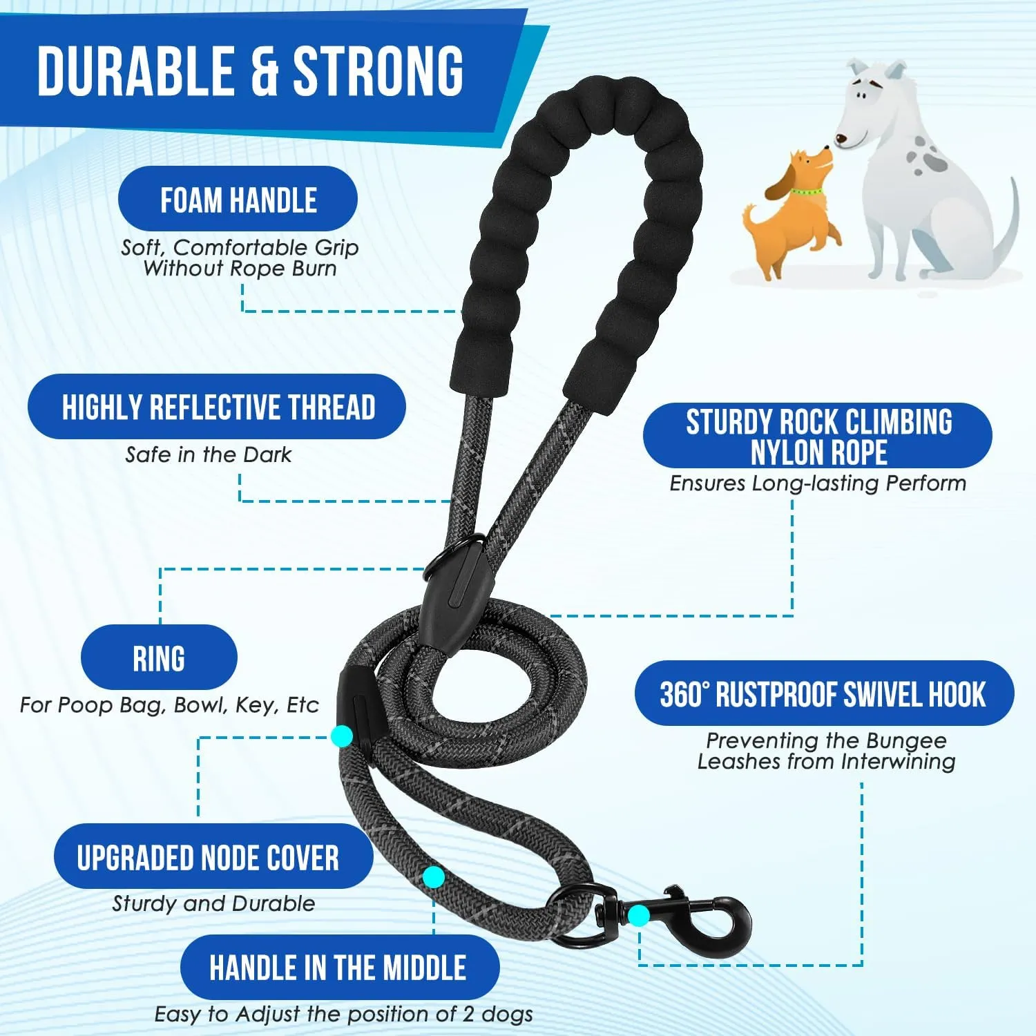 Lukovee Double Dog Leash, No Tangle - 360° Swivel Heavy Duty Reflective Lead for 2 Dogs with Two Padded Handles Dual Dog Splitter, Shock Absorbing Walking for Small Medium Dogs (Black,L)