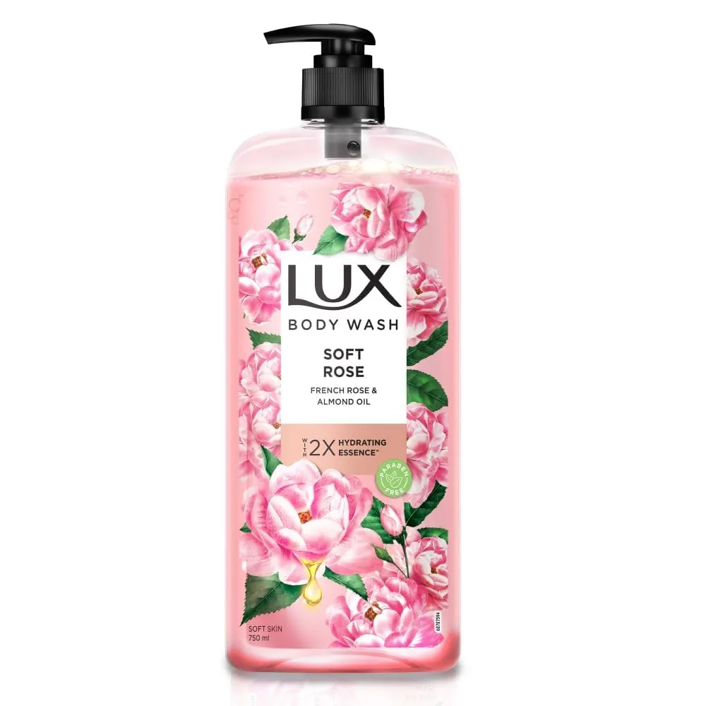 Lu.x Body Wash Soft Skin French Rose & Almond Oil Super Saver XL Pump Bottle with Long Lasting Fragrance, Glycerine, Paraben Free, Extra Foam, 750 ml
