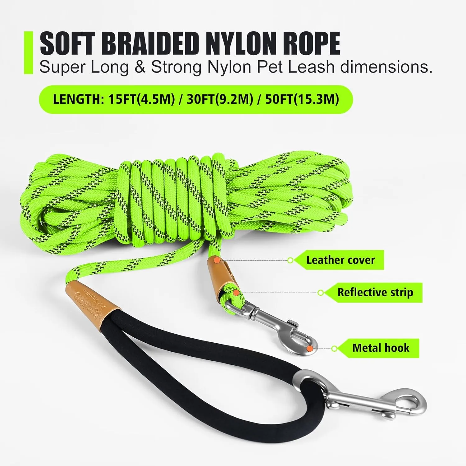 lynxking Long Dog Leash Reflective 15ft 30ft 50ft Check Cord Training Lead Padded Handle Heavy Duty Rope for Puppy Small Medium Large Dogs (Light Green, 30ft x 3/8inch)