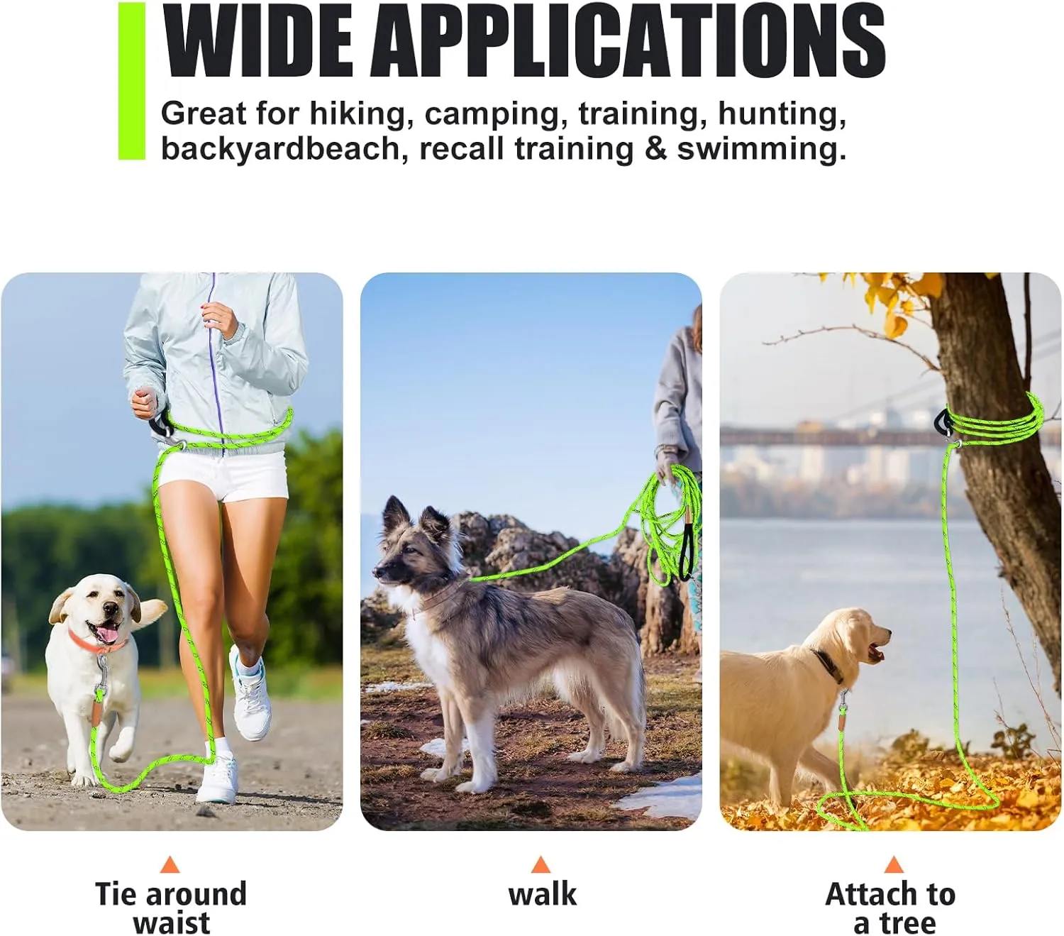 lynxking Long Dog Leash Reflective 15ft 30ft 50ft Check Cord Training Lead Padded Handle Heavy Duty Rope for Puppy Small Medium Large Dogs (Light Green, 30ft x 3/8inch)