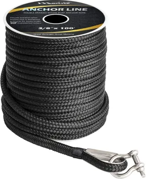 Made 3/8 Inch 100 FT 150 FT Black Grey Nylon Anchor Line Double Braided Anchor Rope/Line with Thimble (3/8" x 100' Black Nylon)