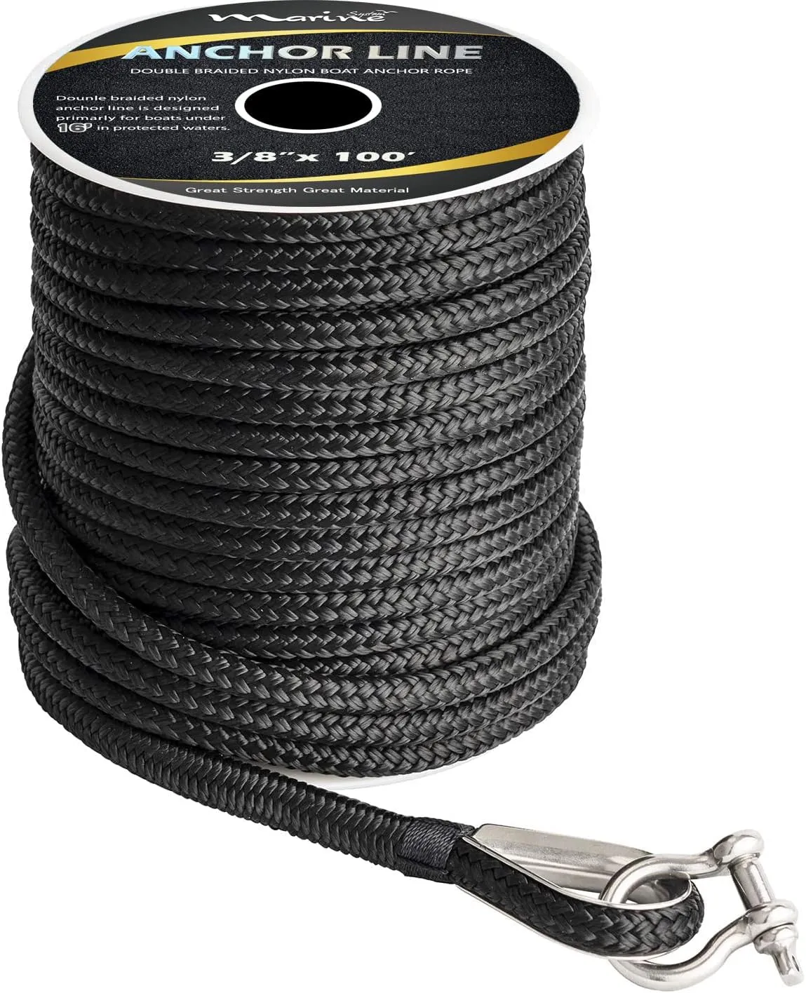 Made 3/8 Inch 100 FT 150 FT Black Grey Nylon Anchor Line Double Braided Anchor Rope/Line with Thimble (3/8" x 100' Black Nylon)
