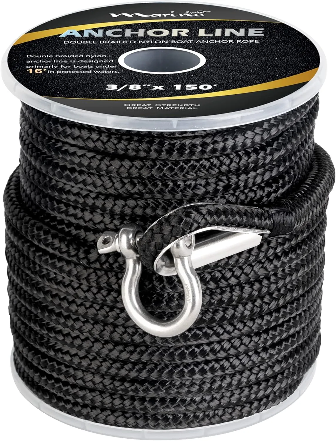 Made 3/8 Inch 100 FT 150 FT Black Grey Nylon Anchor Line Double Braided Anchor Rope/Line with Thimble (3/8" x 100' Black Nylon)