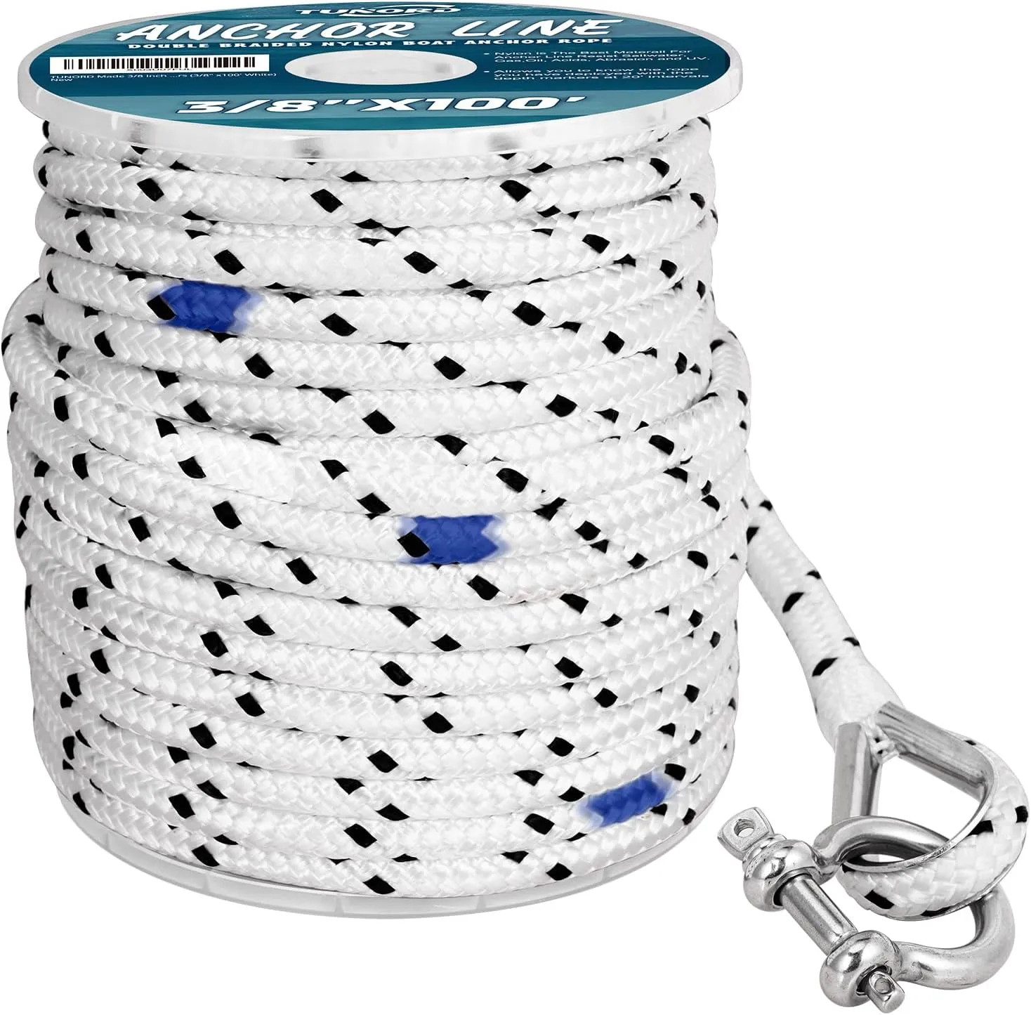 Made 3/8 Inch 100FT 150FT Black Nylon Anchor Line Double Braided Anchor Rope/Line with Thimble and Depth Markers (3/8" x150' White)