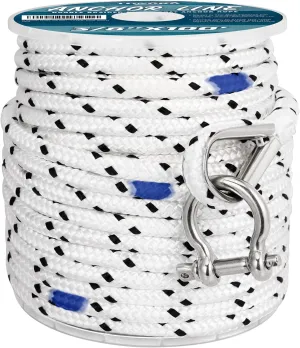 Made 3/8 Inch 100FT 150FT Black Nylon Anchor Line Double Braided Anchor Rope/Line with Thimble and Depth Markers (3/8" x150' White)