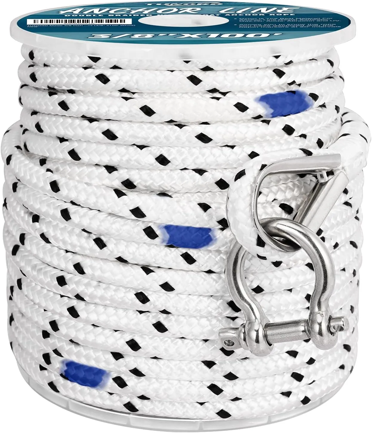 Made 3/8 Inch 100FT 150FT Black Nylon Anchor Line Double Braided Anchor Rope/Line with Thimble and Depth Markers (3/8" x150' White)