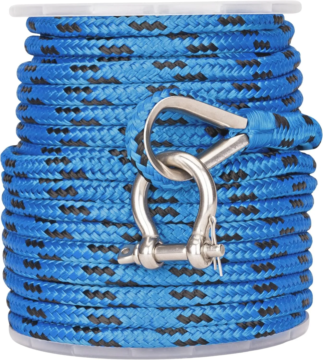 Made 3/8 Inch 100FT 150FT Blue/Black Nylon Anchor Line Double Braided Anchor Rope/Line with Stainless Steel Thimble and Shackle (3/8" x 100')