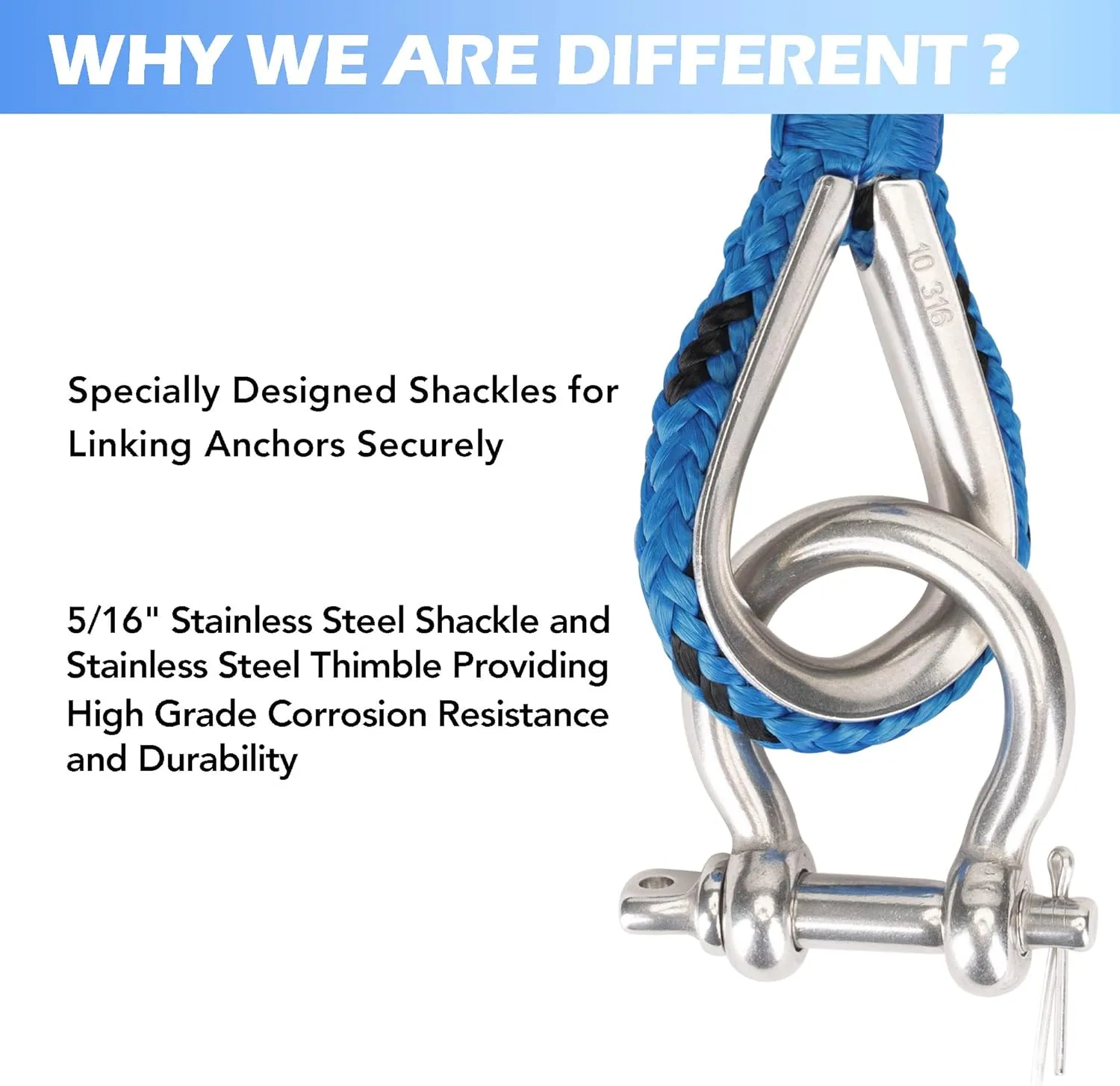 Made 3/8 Inch 100FT 150FT Blue/Black Nylon Anchor Line Double Braided Anchor Rope/Line with Stainless Steel Thimble and Shackle (3/8" x 100')