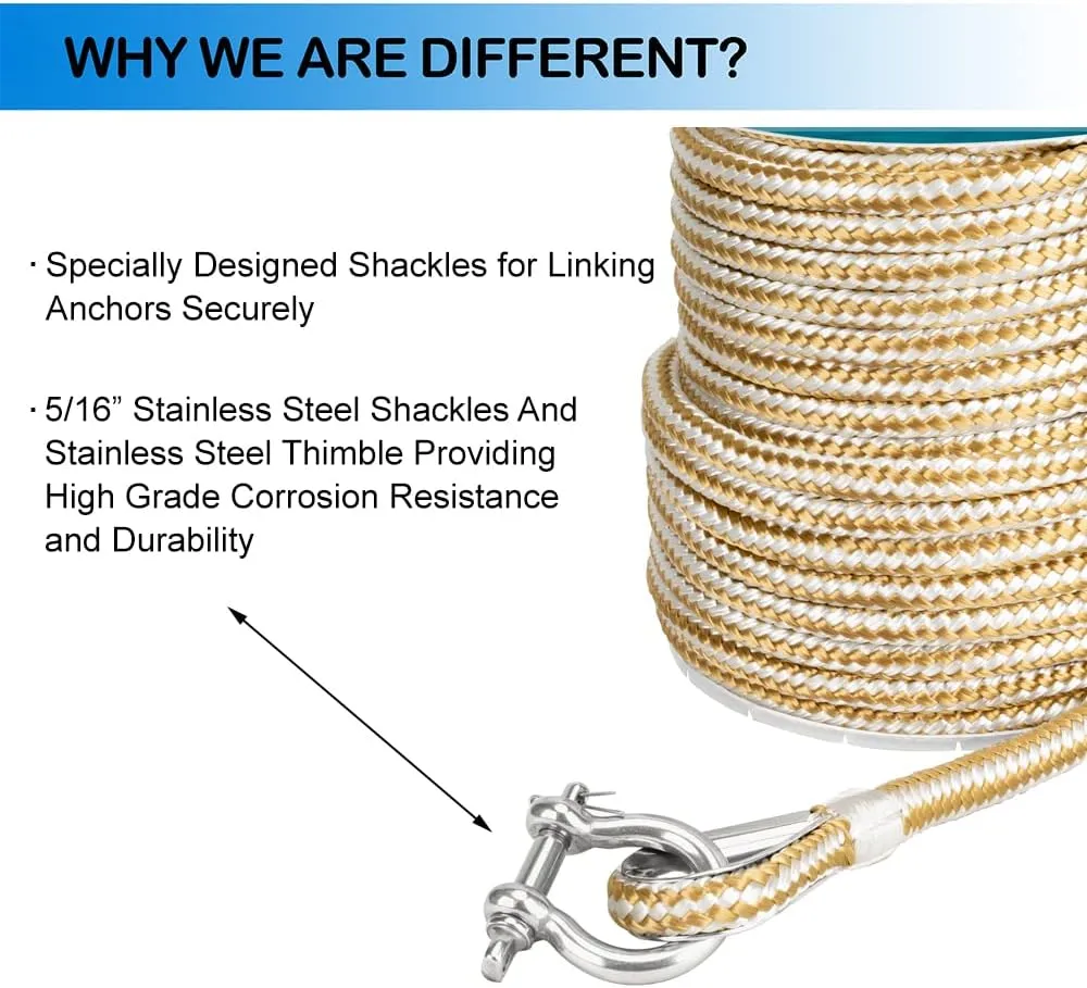 Made 3/8 Inch 100FT 150FT Gold/White Nylon Anchor Line Double Braided Anchor Rope/Line with Thimble (3/8" x 100')