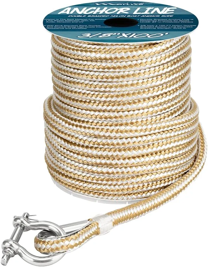 Made 3/8 Inch 100FT 150FT Gold/White Nylon Anchor Line Double Braided Anchor Rope/Line with Thimble (3/8" x 100')