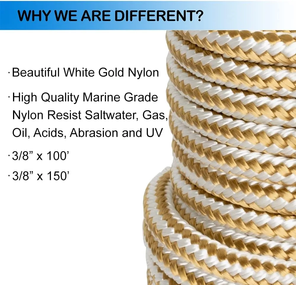 Made 3/8 Inch 100FT 150FT Gold/White Nylon Anchor Line Double Braided Anchor Rope/Line with Thimble (3/8" x 100')