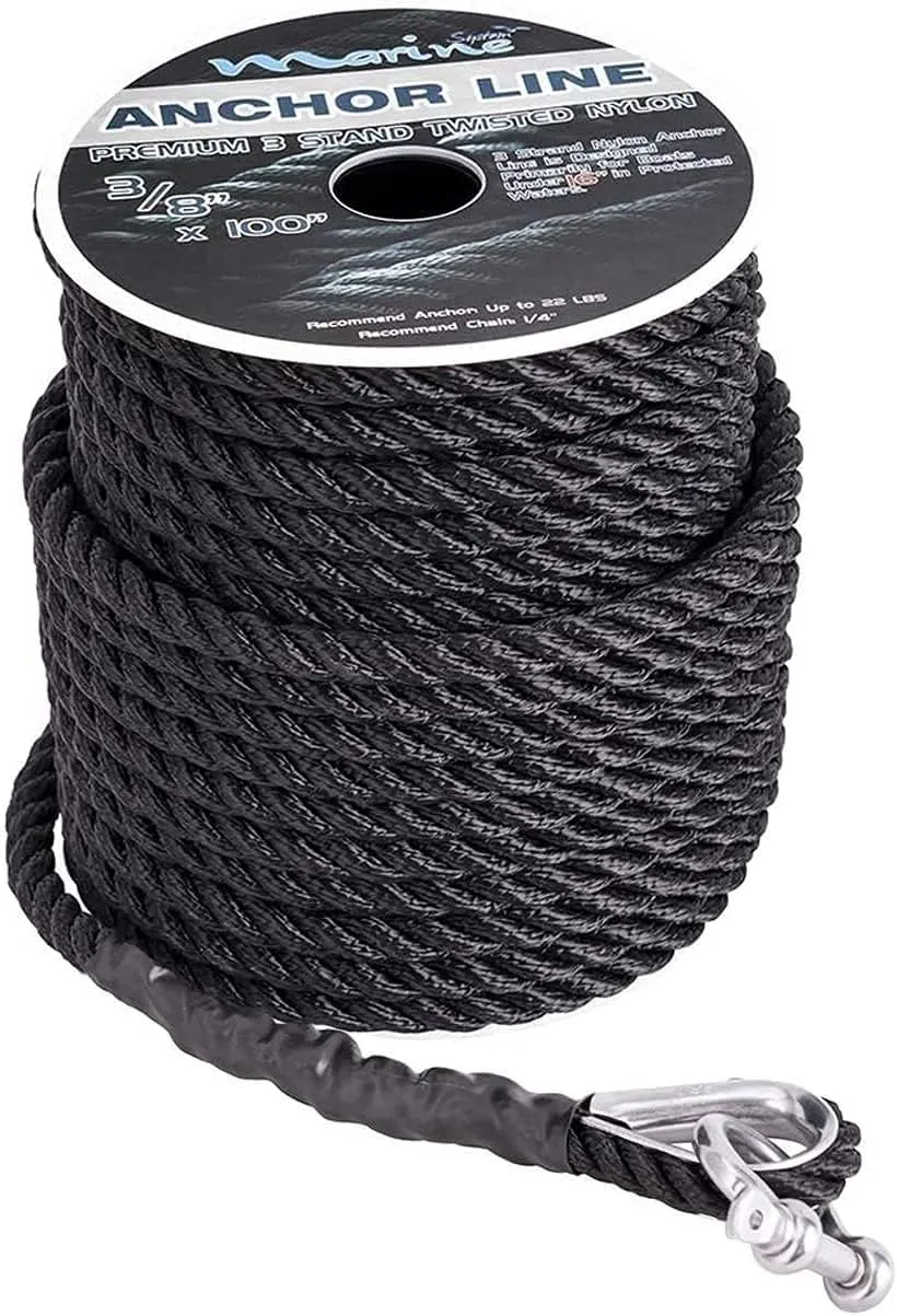 Made Nylon 3 Strand Anchor/Rigging Line Anchor Rope 3/8 Inch 100FT 150FT Black (3/8" x 100')