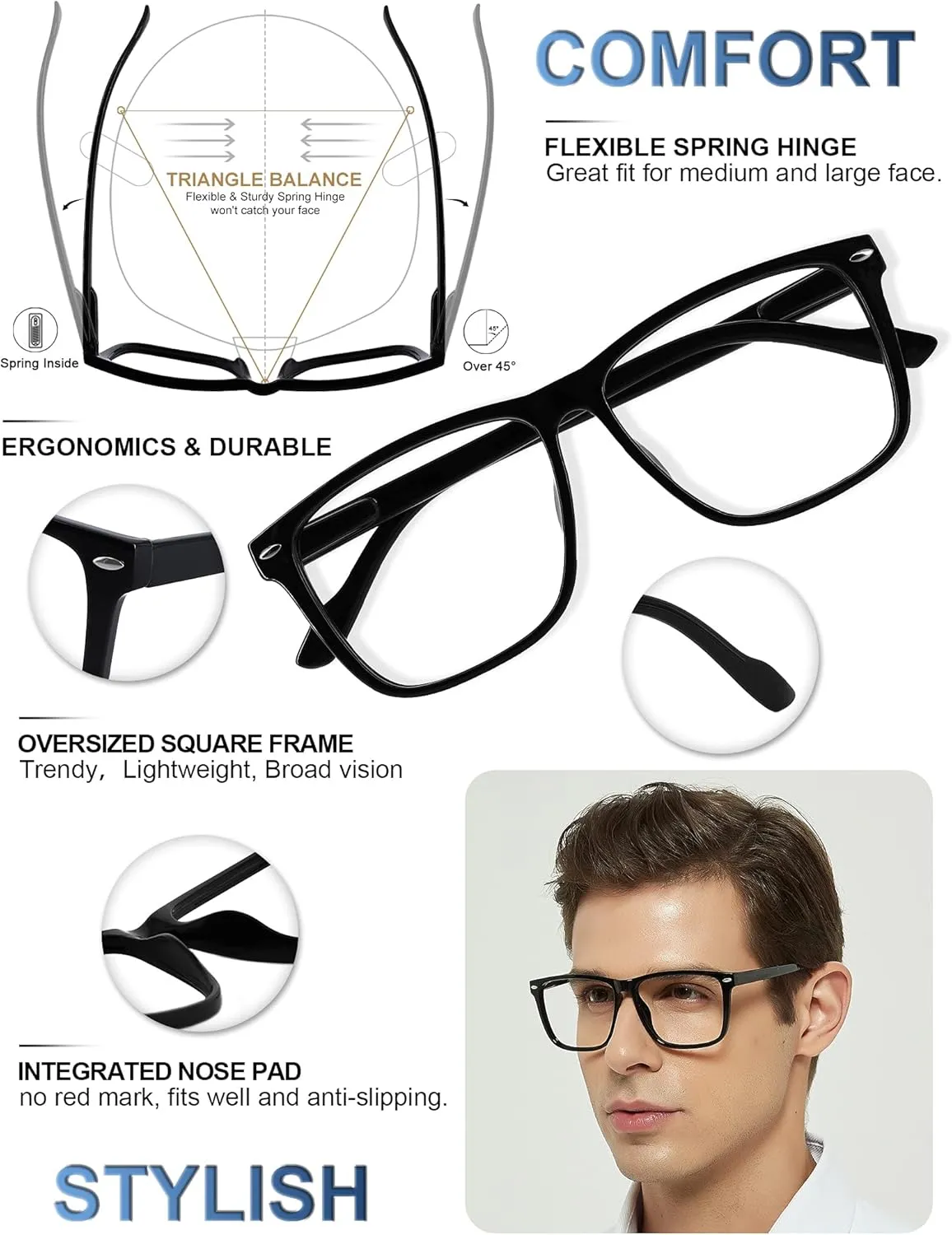MARE AZZURO Oversized Reading Glasses Men Trendy Large Square Readers 1.0 1.25 1.5 1.75 2.0 2.25 2.5 2.75 3.0 3.5 4.0 5.0 6.0