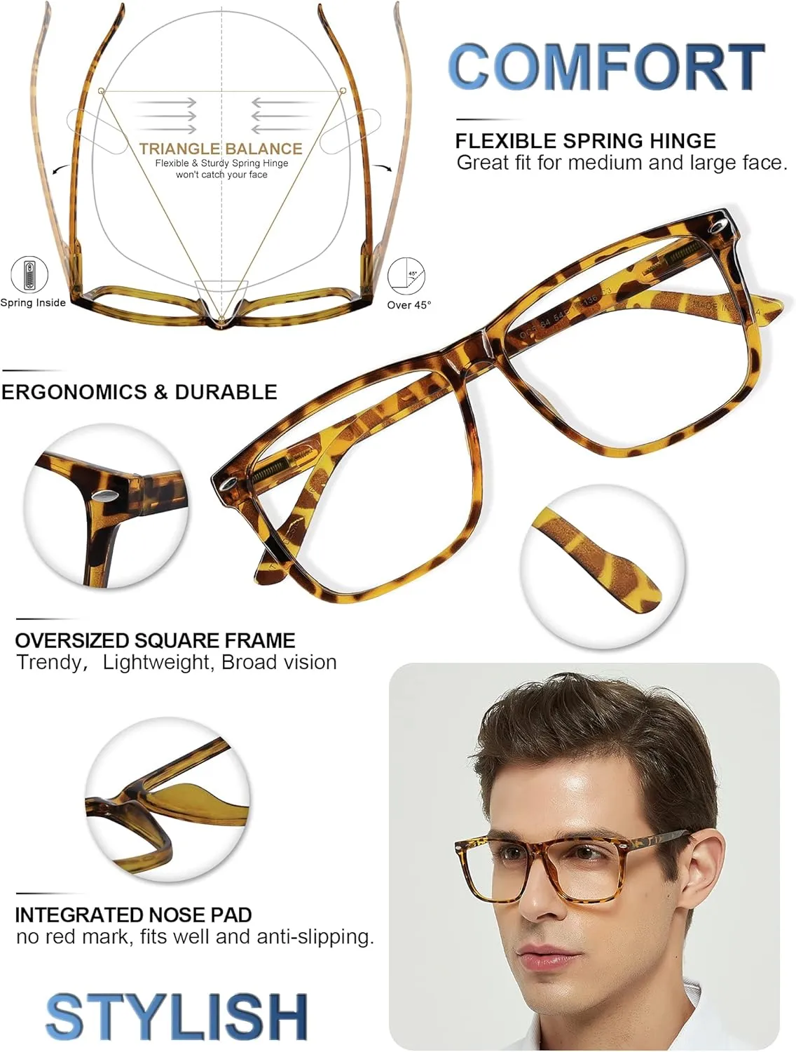 MARE AZZURO Oversized Reading Glasses Men Trendy Large Square Readers 1.0 1.25 1.5 1.75 2.0 2.25 2.5 2.75 3.0 3.5 4.0 5.0 6.0