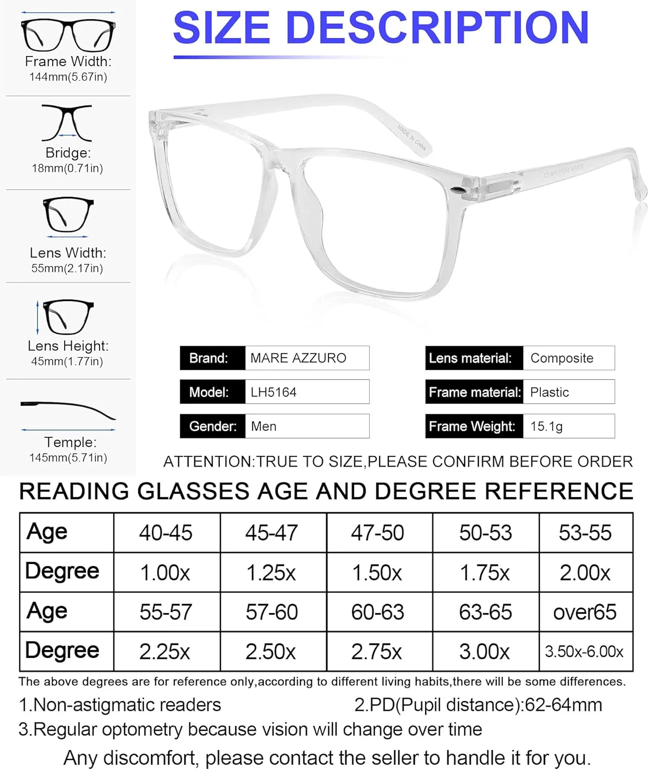 MARE AZZURO Oversized Reading Glasses Men Trendy Large Square Readers 1.0 1.25 1.5 1.75 2.0 2.25 2.5 2.75 3.0 3.5 4.0 5.0 6.0