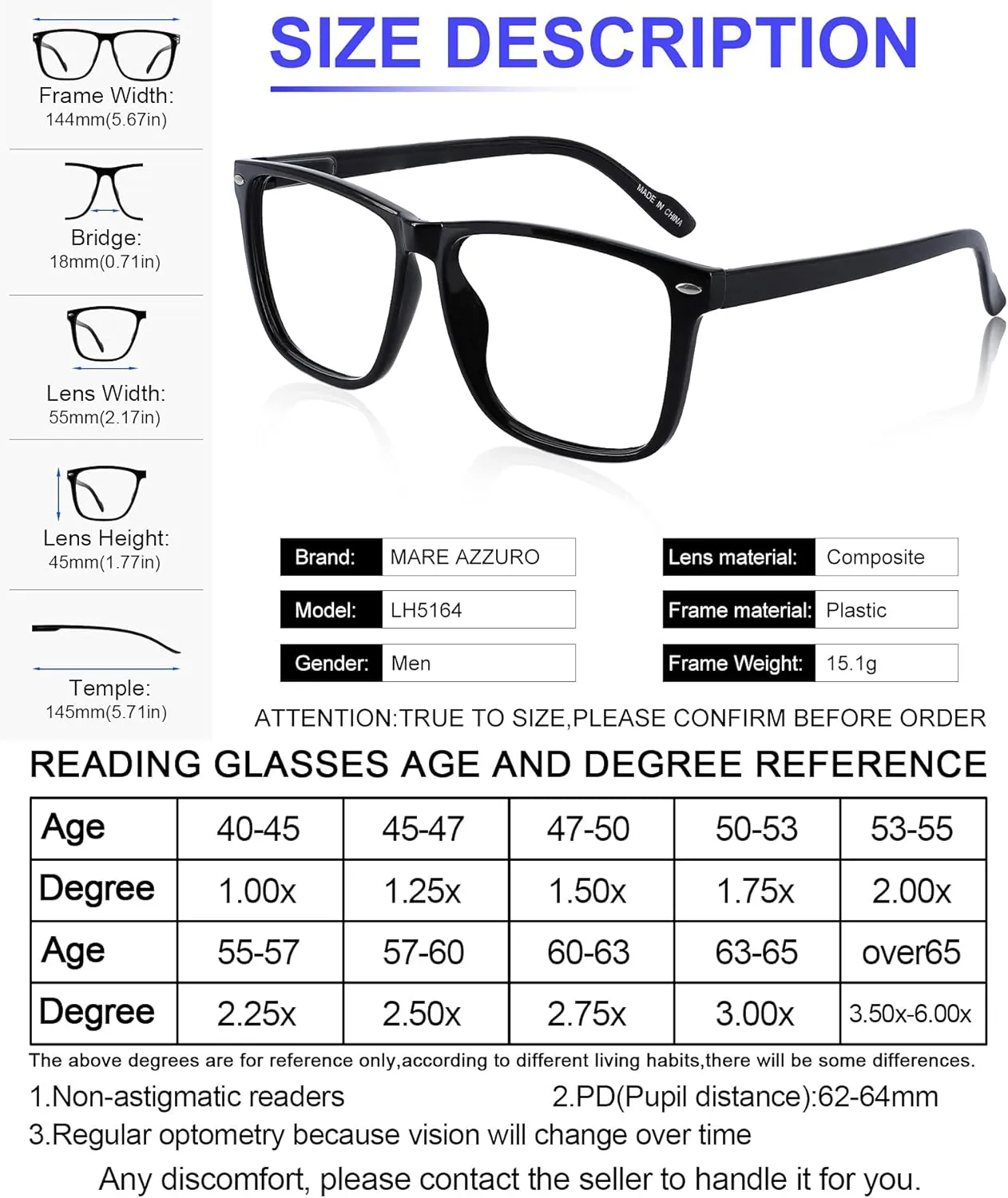 MARE AZZURO Oversized Reading Glasses Men Trendy Large Square Readers 1.0 1.25 1.5 1.75 2.0 2.25 2.5 2.75 3.0 3.5 4.0 5.0 6.0