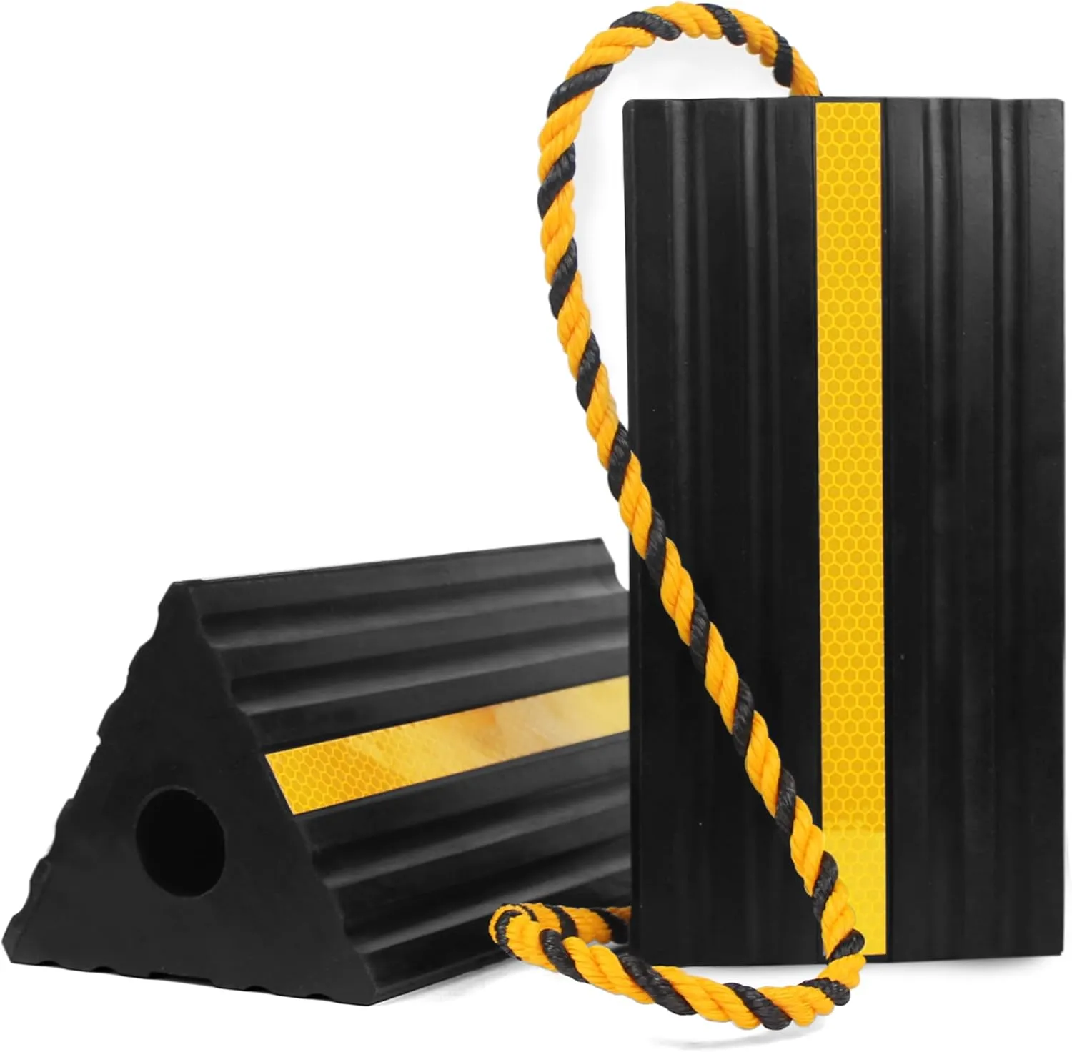 MaxxHaul 50019 Heavy Duty 3-Sided Rubber Wheel Chock with Yellow Reflective Strips and Nylon Rope and Non-Slip Base - 1 Pair