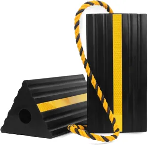 MaxxHaul 50019 Heavy Duty 3-Sided Rubber Wheel Chock with Yellow Reflective Strips and Nylon Rope and Non-Slip Base - 1 Pair