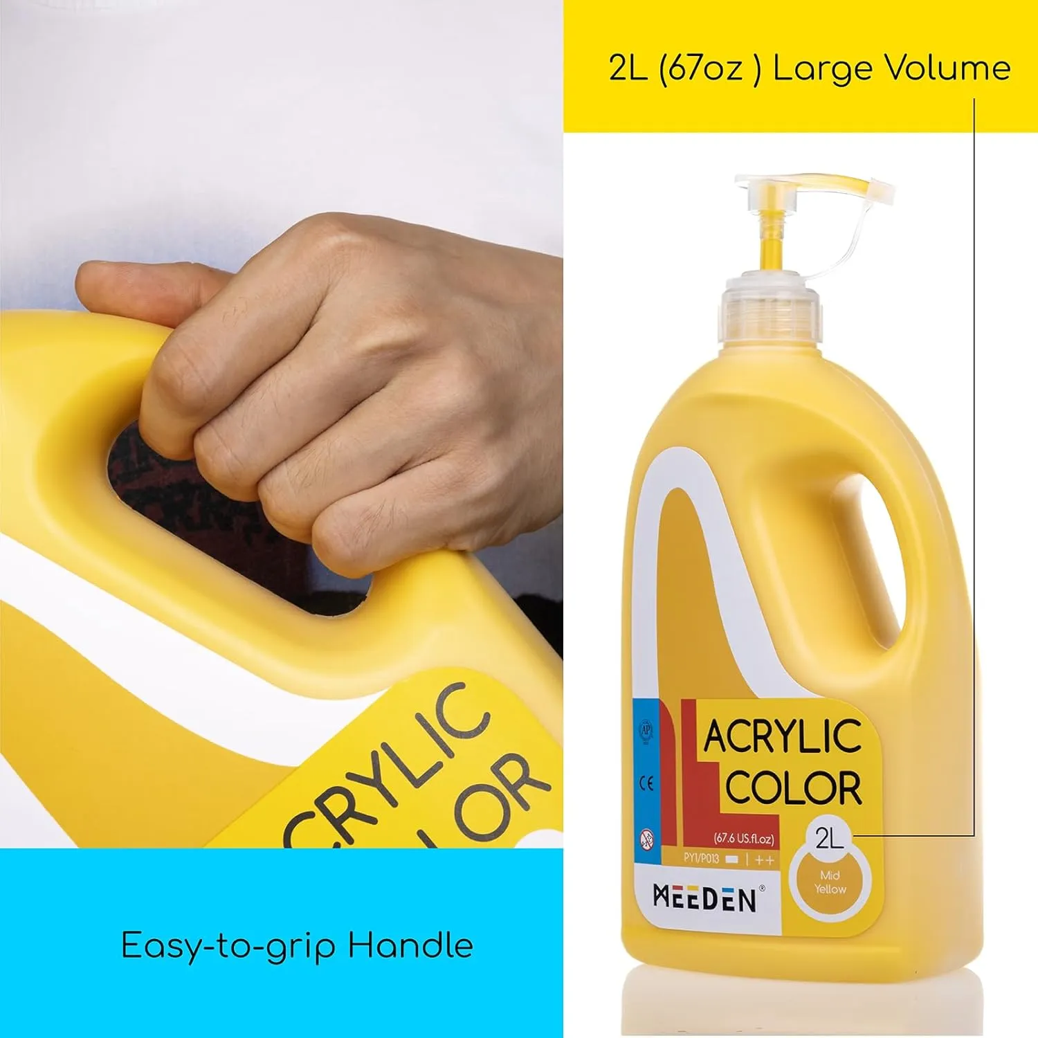 MEEDEN Mid Yellow Acrylic Paint with Pump Lid, 1/2 Gallon (2L /67.6 oz.) Soft Body Non-Toxic Rich Pigment Color, Perfect for Art Class, Wall Painting, Painting Party & Creative DIY