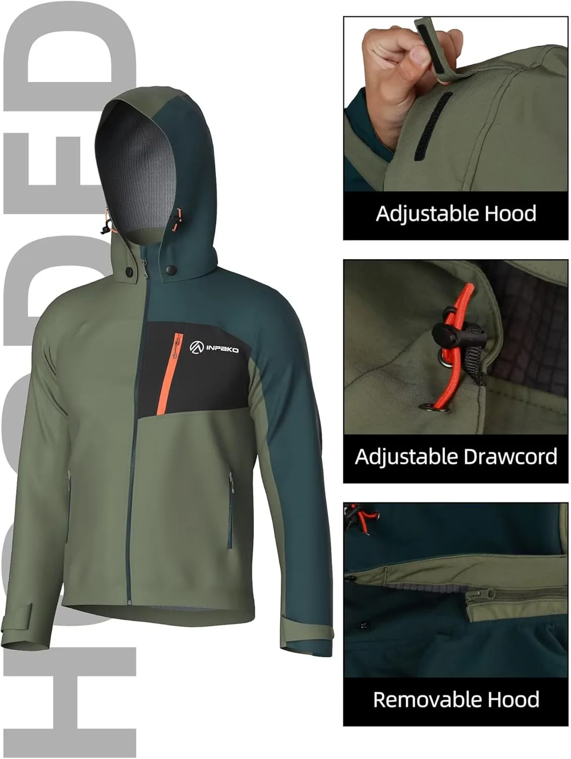 Men's Lightweight Softshell Jacket with Removable Hood, Breathable Water Resistant 5000 Fleece Lined Hiking Jackets