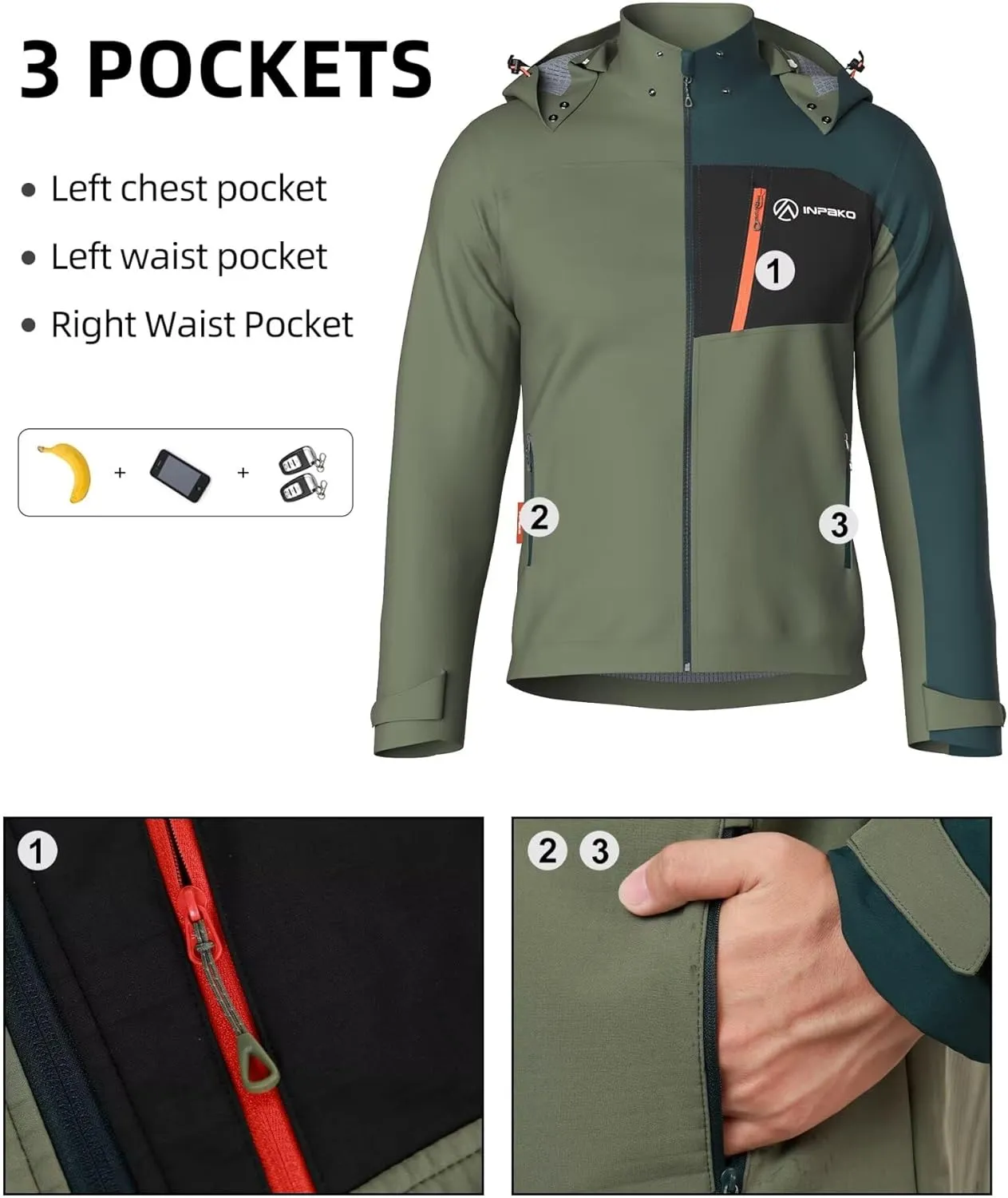 Men's Lightweight Softshell Jacket with Removable Hood, Breathable Water Resistant 5000 Fleece Lined Hiking Jackets