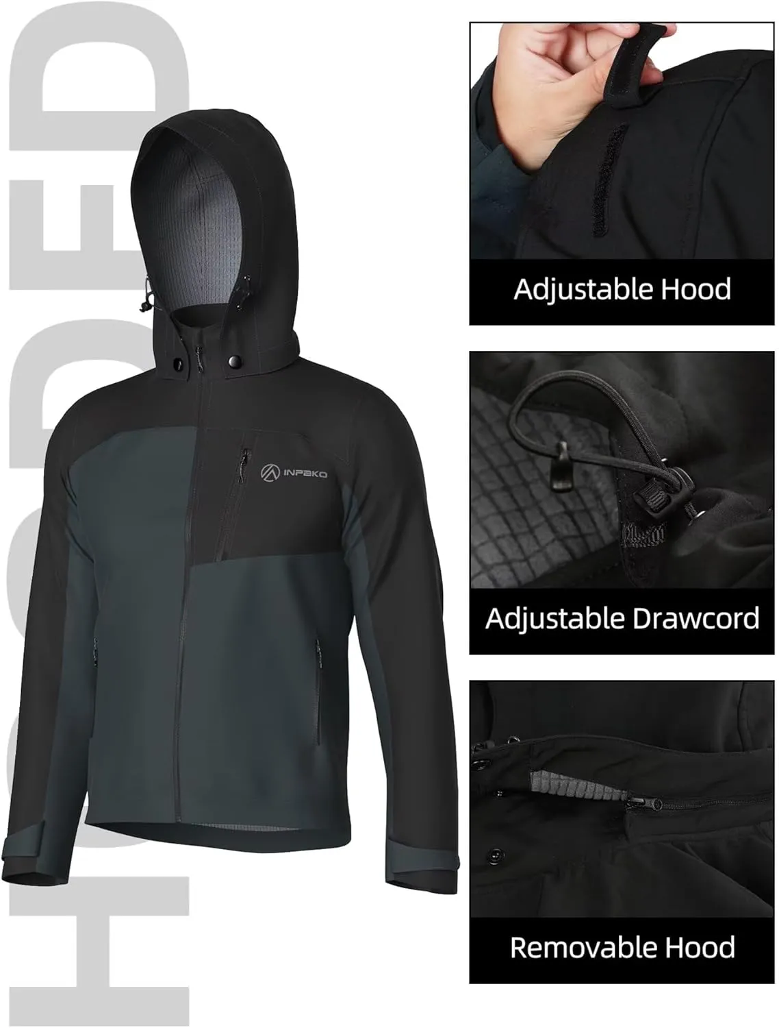 Men's Lightweight Softshell Jacket with Removable Hood, Breathable Water Resistant 5000 Fleece Lined Hiking Jackets