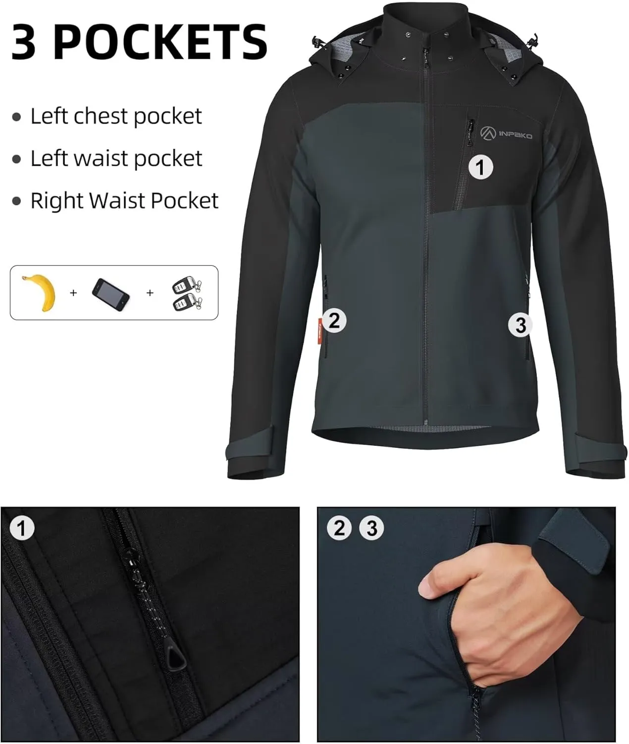 Men's Lightweight Softshell Jacket with Removable Hood, Breathable Water Resistant 5000 Fleece Lined Hiking Jackets