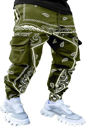 Men's Paisley Pants Cargo Jogger Hip Hop Workout Punk Pants Bandana Techwear Streetwear Sweatpants