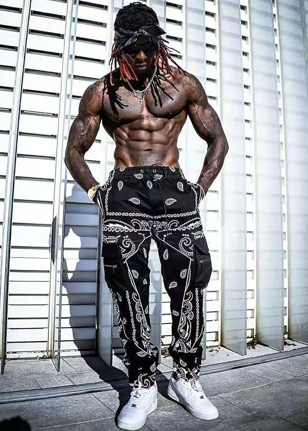 Men's Paisley Pants Cargo Jogger Hip Hop Workout Punk Pants Bandana Techwear Streetwear Sweatpants