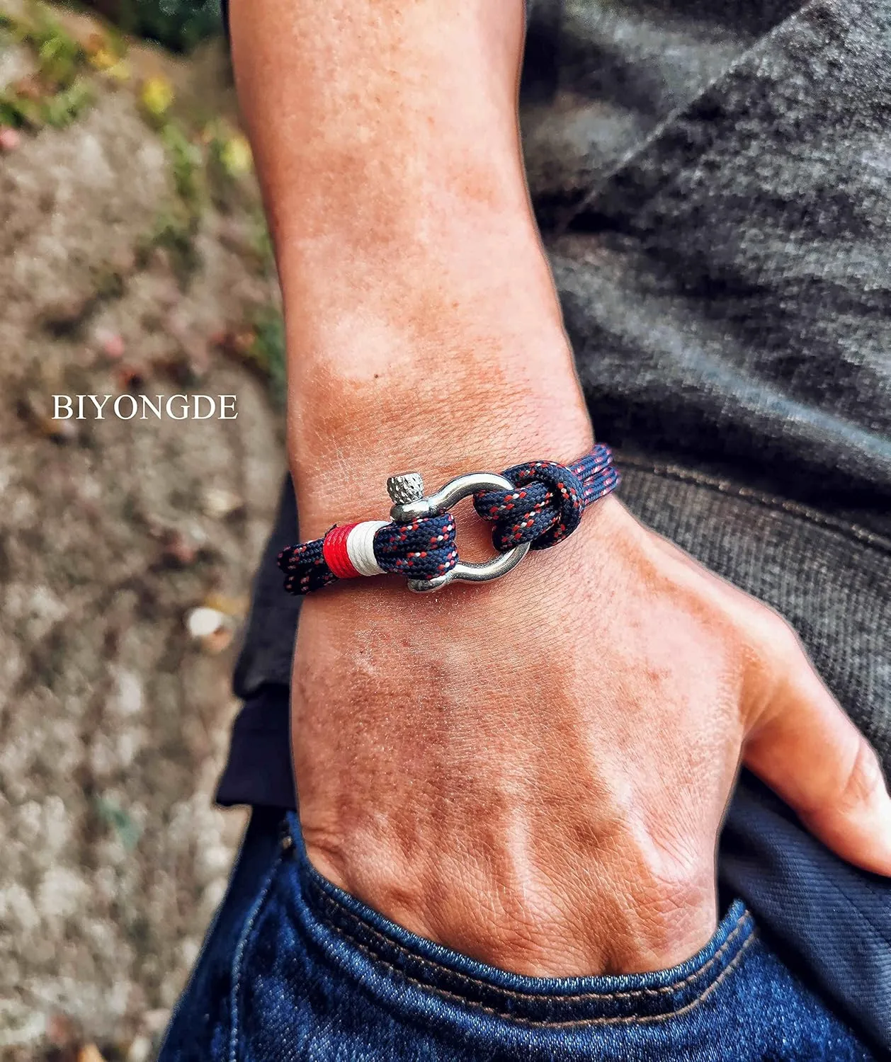 Mens Womens Nautical String Sailor Rope Wrap Bracelet Wristband Bangle Steel Screw Marine Anchor Shackles, Two-row