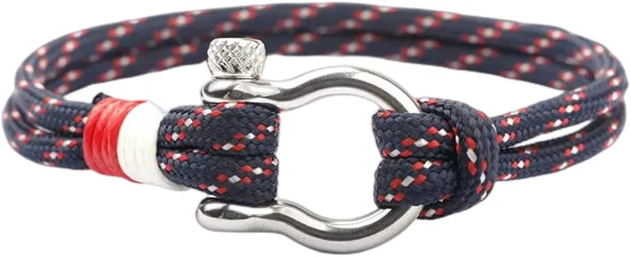 Mens Womens Nautical String Sailor Rope Wrap Bracelet Wristband Bangle Steel Screw Marine Anchor Shackles, Two-row