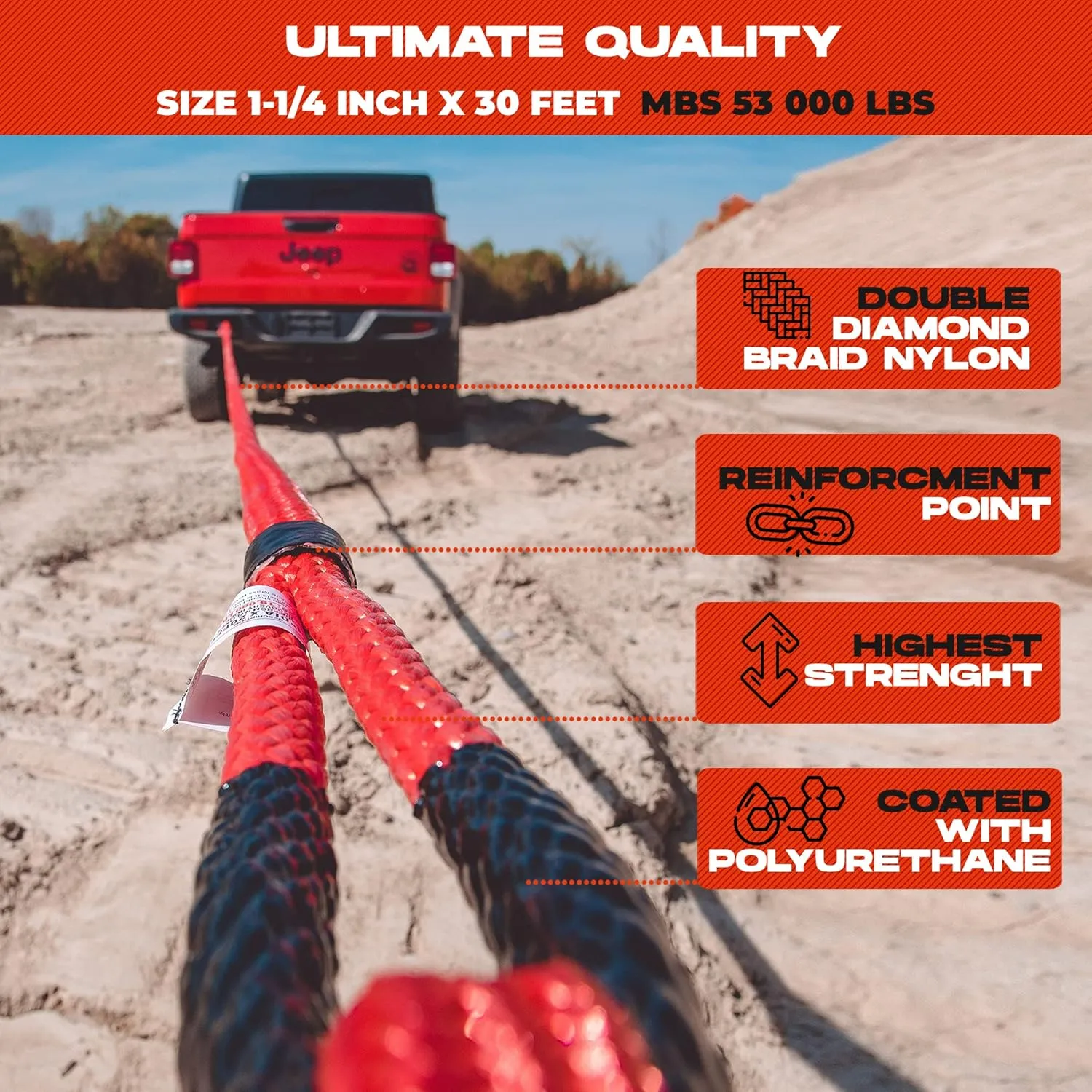 MiolleGear Heavy Duty Kinetic Recovery Tow Rope (Firecracker RED, 1-1/4"x30) (53000 lbs) with 2 Soft Shackle USA Spectra 9/16' x 10" (54000 lbs)