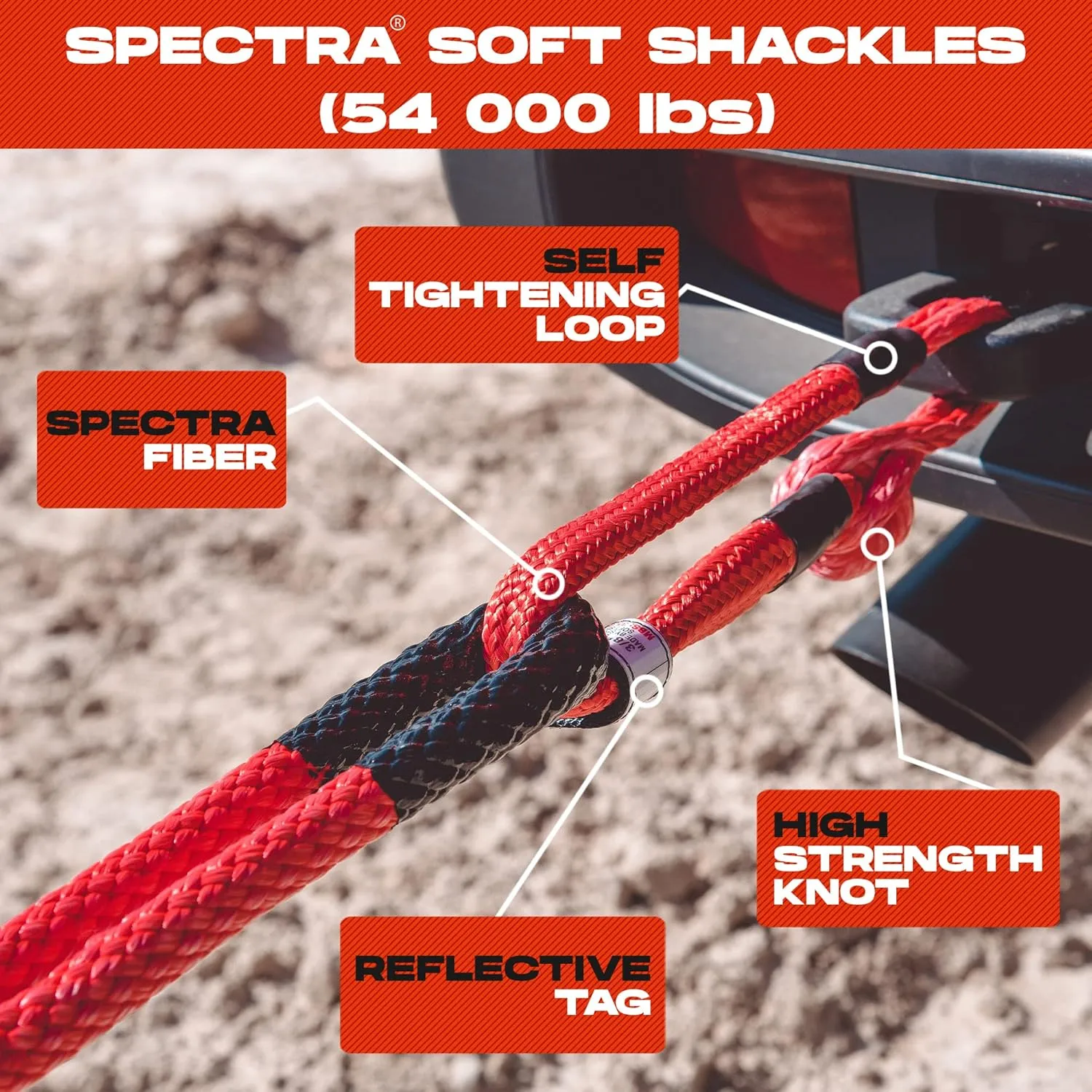MiolleGear Heavy Duty Kinetic Recovery Tow Rope (Firecracker RED, 1-1/4"x30) (53000 lbs) with 2 Soft Shackle USA Spectra 9/16' x 10" (54000 lbs)