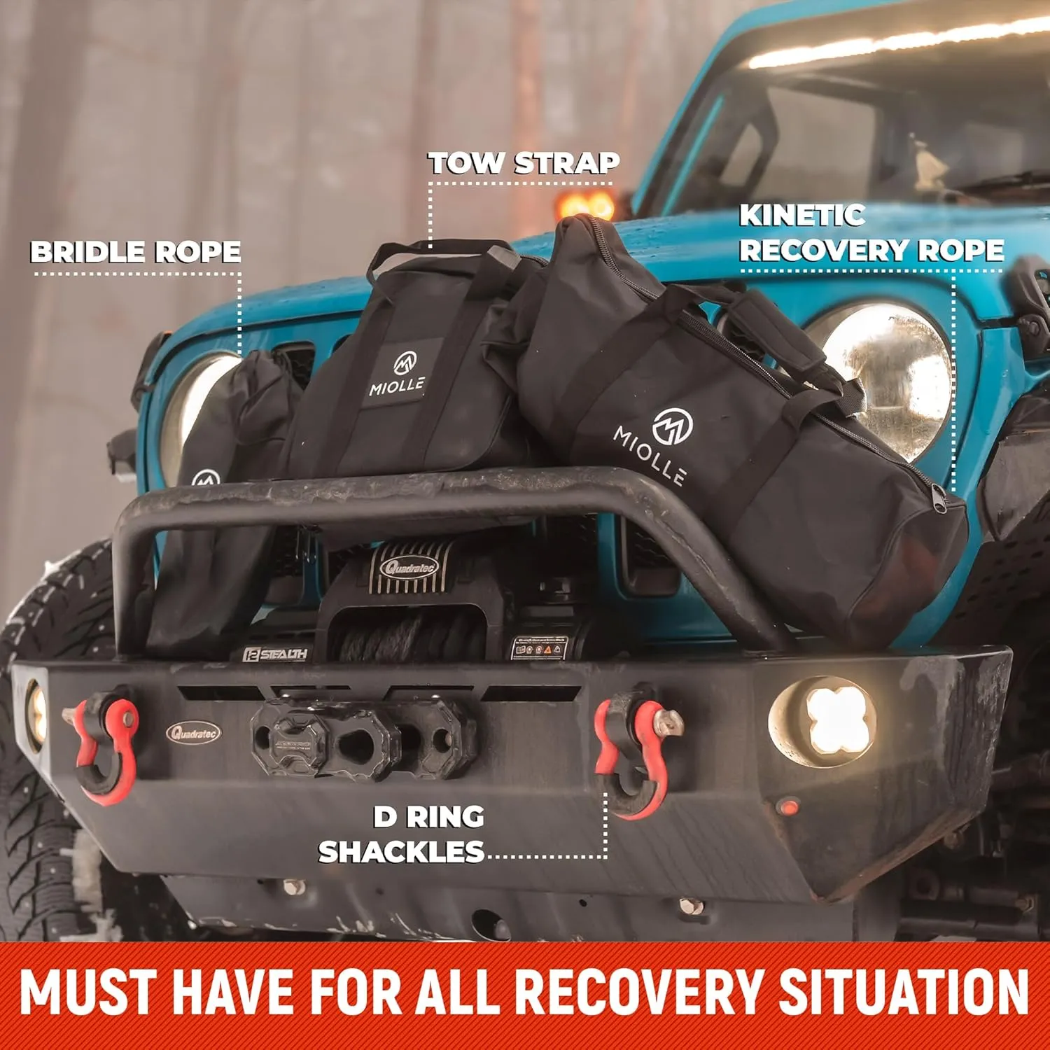 MiolleGear Kinetic Recovery Rope kit (7/8" x30', 10000lbs WLL) Heavy Duty Tow Rope - Includes 2 Soft Shackle 3/8 for UTV, ATV, Truck, Car, Jeep, Tractor