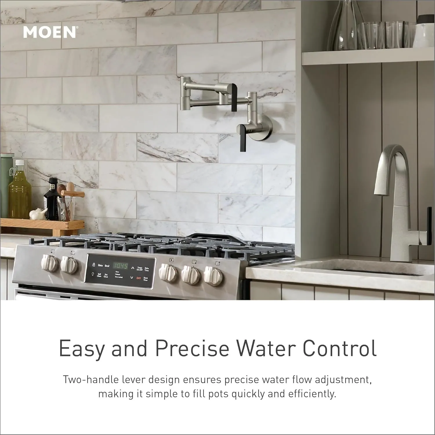 Moen Matte Black Modern Wall Mount Folding Swing Arm Pot Filler, Double Jointed Kitchen Stove Faucet, S665BL