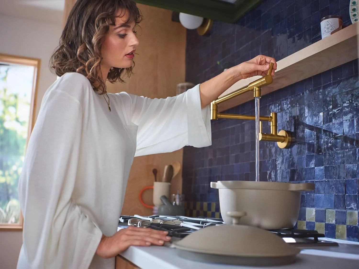Moen S665BG Modern Wall Mount Swing Arm Folding Pot Filler Kitchen Faucet, Brushed Gold