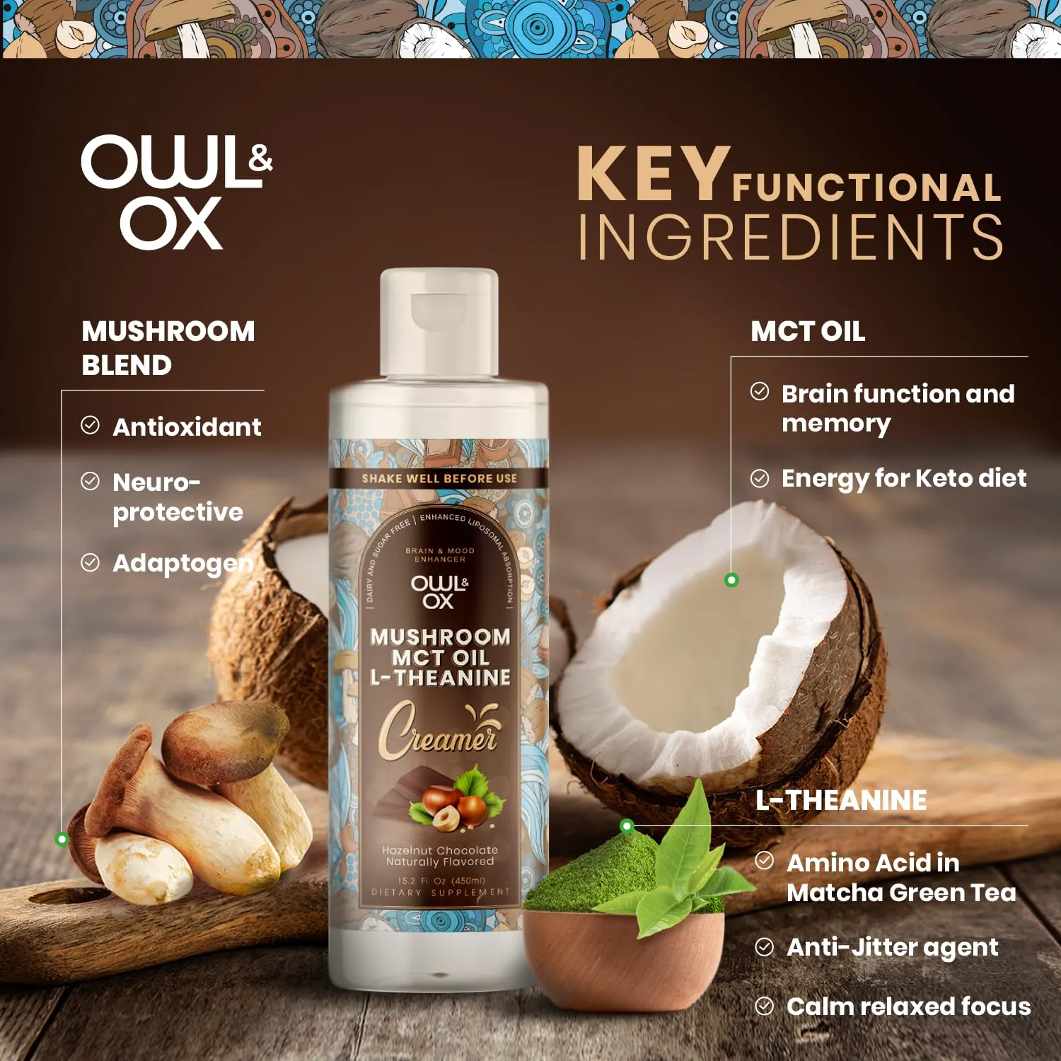 Mushroom Coffee Creamer with MCT Oil by Owl & Ox | L Theanine, Nootropic Superfood Blend, Vegan, Sugar Free, Dairy Free, Adaptogens, Plant Based & Keto Friendly, Hazelnut Chocolate Flavor, 30 Servings
