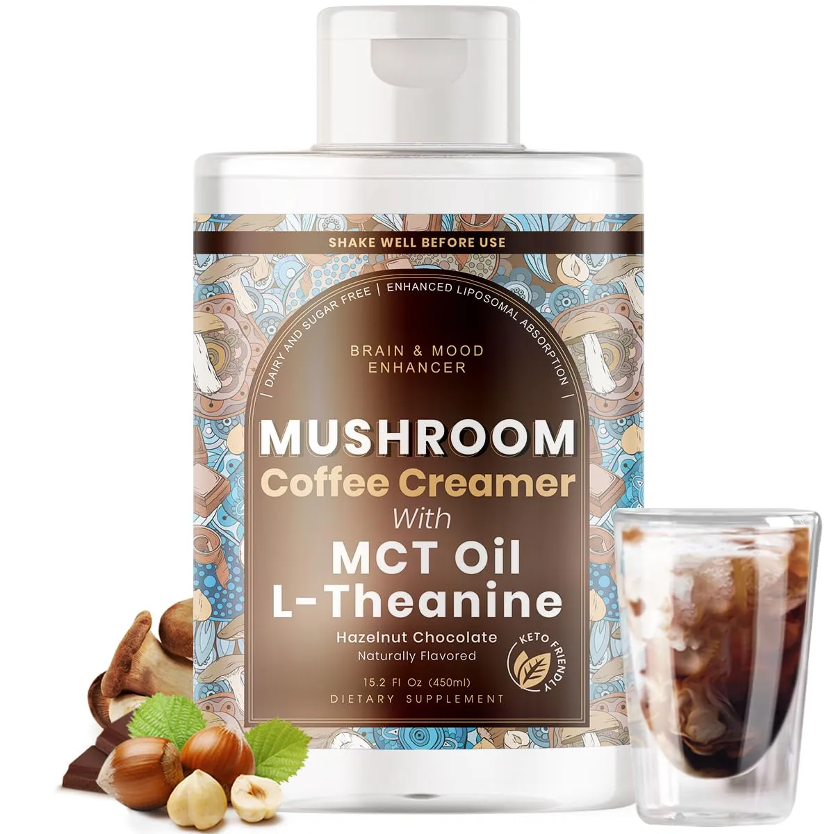 Mushroom Coffee Creamer with MCT Oil by Owl & Ox | L Theanine, Nootropic Superfood Blend, Vegan, Sugar Free, Dairy Free, Adaptogens, Plant Based & Keto Friendly, Hazelnut Chocolate Flavor, 30 Servings