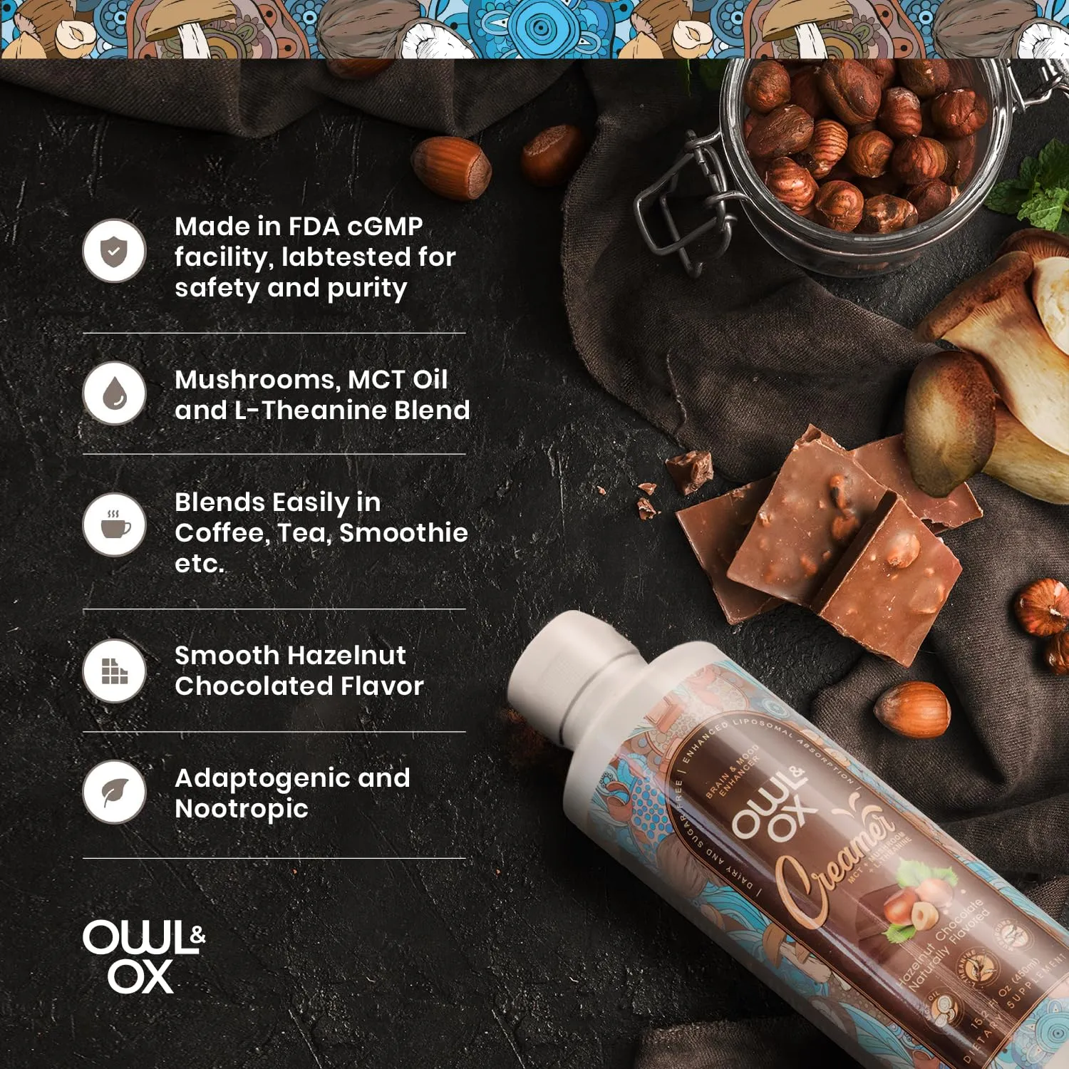Mushroom Coffee Creamer with MCT Oil by Owl & Ox | L Theanine, Nootropic Superfood Blend, Vegan, Sugar Free, Dairy Free, Adaptogens, Plant Based & Keto Friendly, Hazelnut Chocolate Flavor, 30 Servings