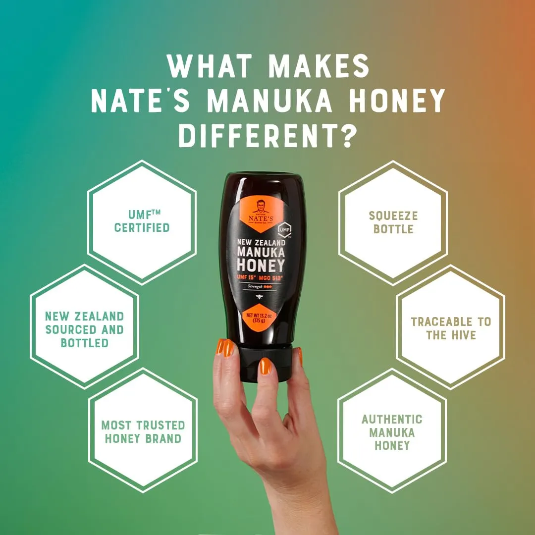 Nate's Raw Manuka Honey New Zealand MGO 512  | UMF Certified 15  | 13.2 oz Squeeze Bottle