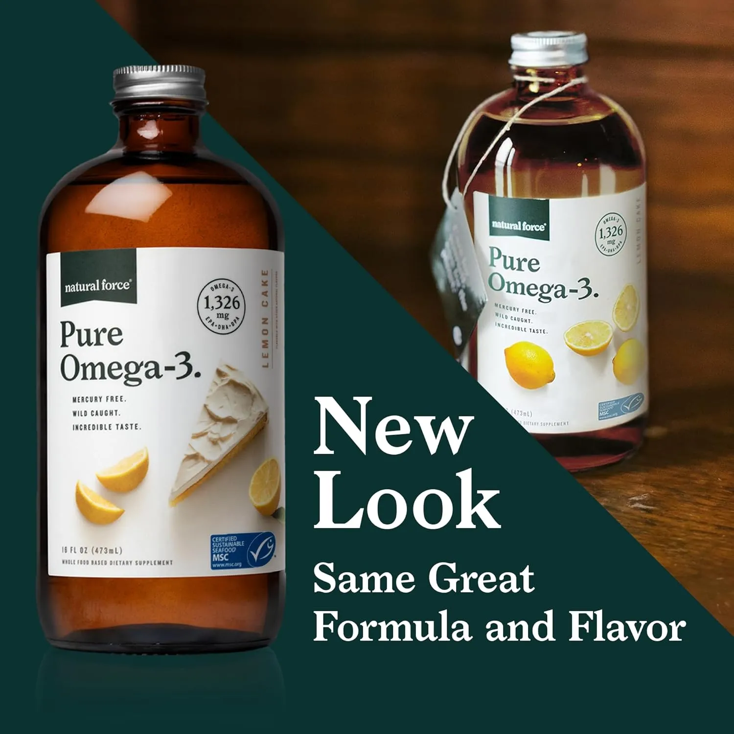 Natural Force Pure Omega 3 - Liquid Fish Oil - Delicious Lemon Cake Flavor - Mercury Free, Wild Caught, Lab Tested - 1,326 mg Triglyceride EPA, DHA, & DPA - 16 Oz Glass Bottle
