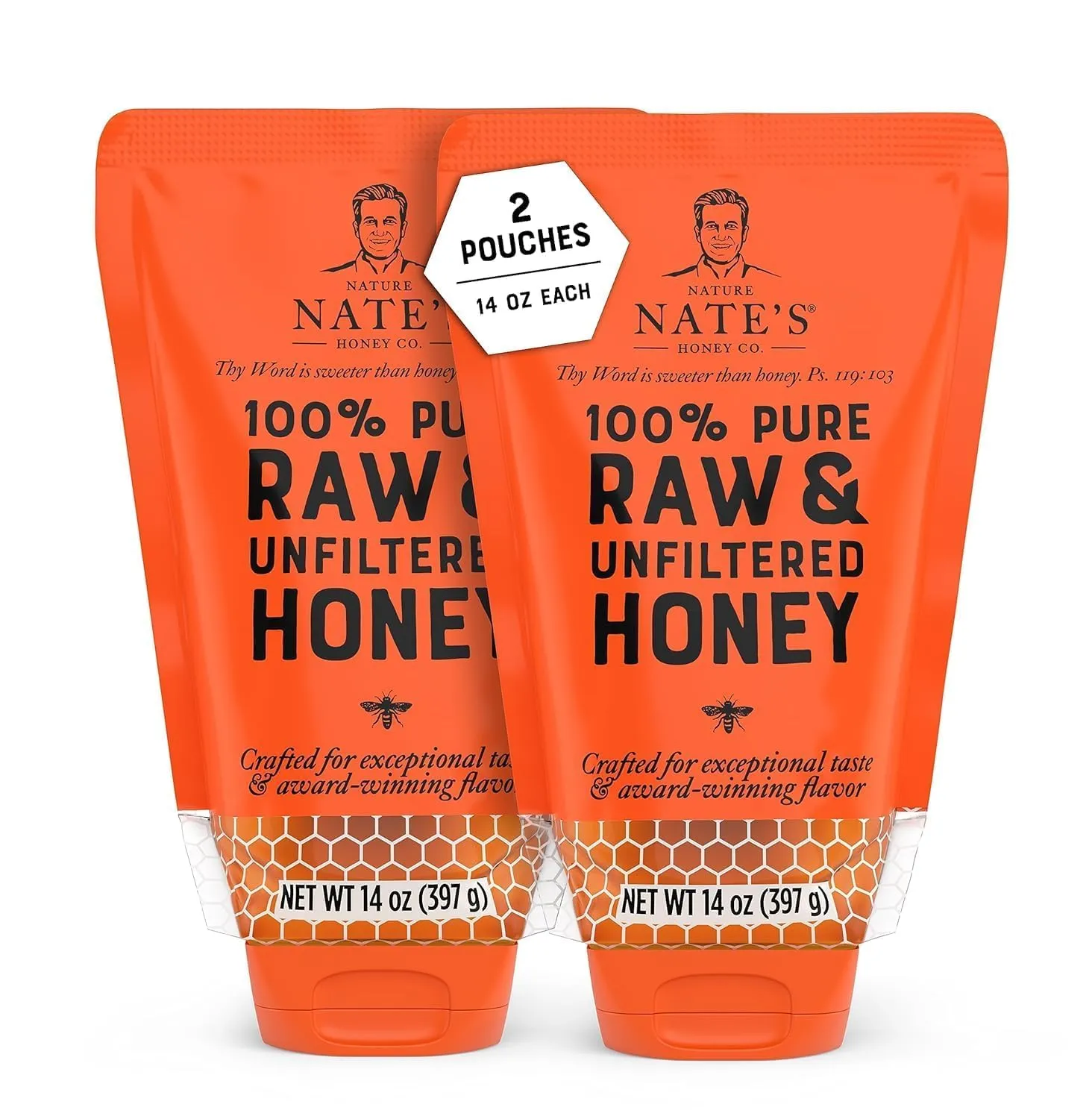 Nature Nate's 100% Guarantee Pure Raw & Unfiltered Honey, No-Drip Sustainable Squeeze Pouch, 14 Oz (Pack of 2)