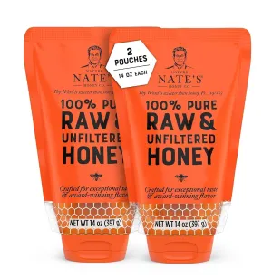 Nature Nate's 100% Guarantee Pure Raw & Unfiltered Honey, No-Drip Sustainable Squeeze Pouch, 14 Oz (Pack of 2)