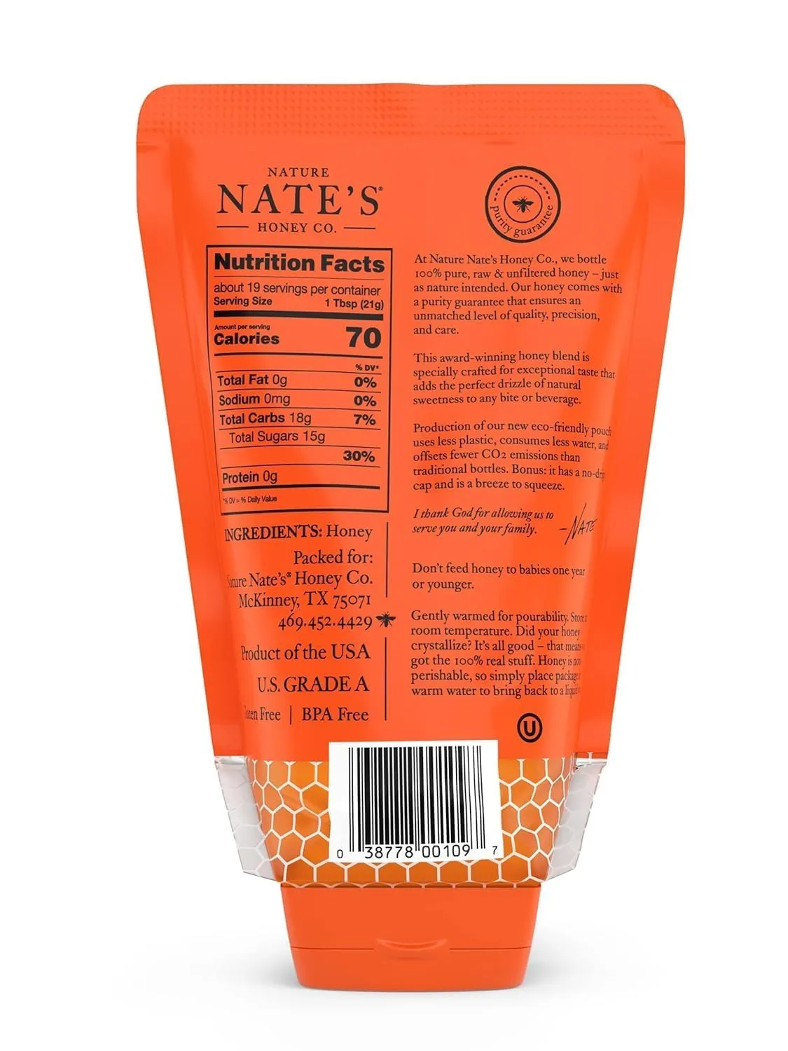Nature Nate's 100% Guarantee Pure Raw & Unfiltered Honey, No-Drip Sustainable Squeeze Pouch, 14 Oz (Pack of 2)