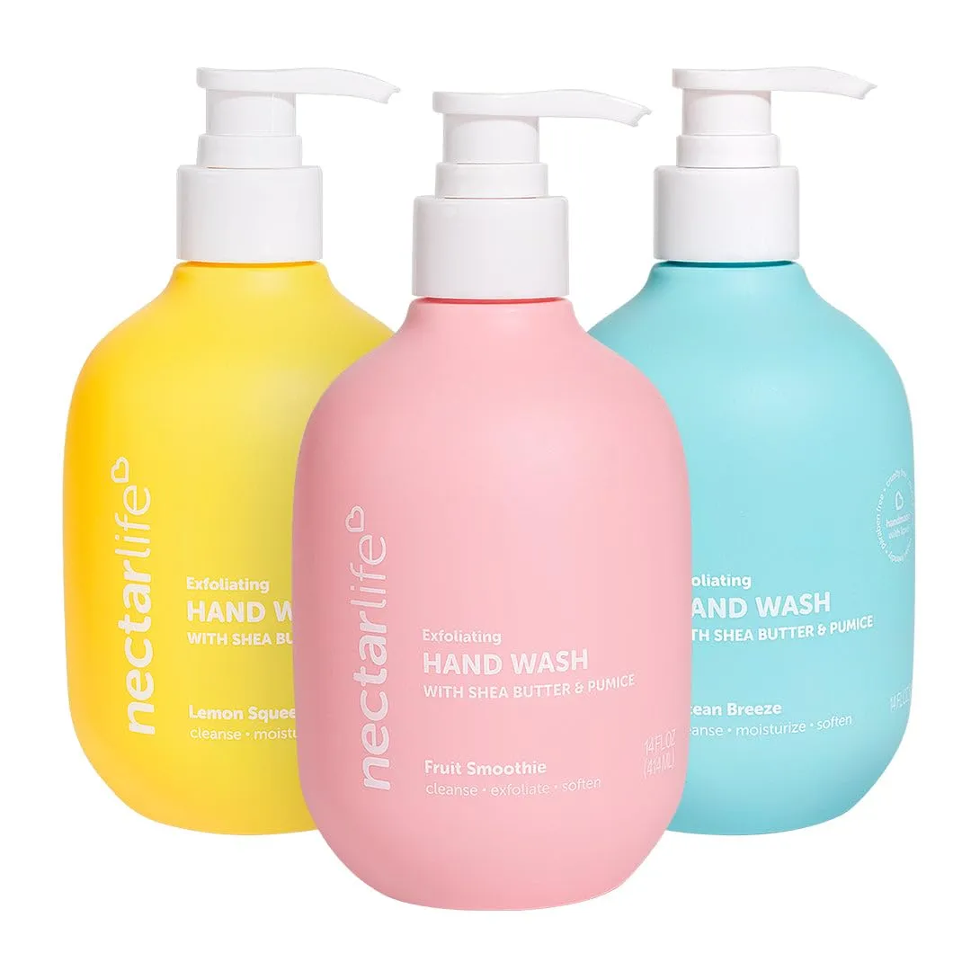 Nectar Life Exfoliating Hand Wash with Shea Butter & Pumice, Lemon Squeeze, Fruit Smoothie, Ocean Breeze, with Shea Butter and Pumice, 3 Pack