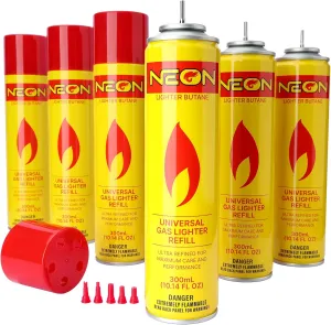 NEON Butane Fuel Refill, 300ml Ultra Refined Lighter Fluid, Premium 99.999% Pure Butane Gas with Metal Nozzle and 5 Butane Adapter Tips for Torch Lighter, Kitchen Torches, Refillable Lighters