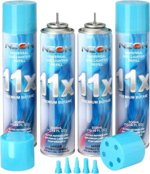 NEON Butane Refill, 11X Ultra-Refined Butane Fuel, 300ml Premium Lighter Fluid with Metal Nozzle & 5 Butane Gas Refill Adapters for Refillable Jet Flame Lighters, Torches, and Culinary Use, 4 Cans