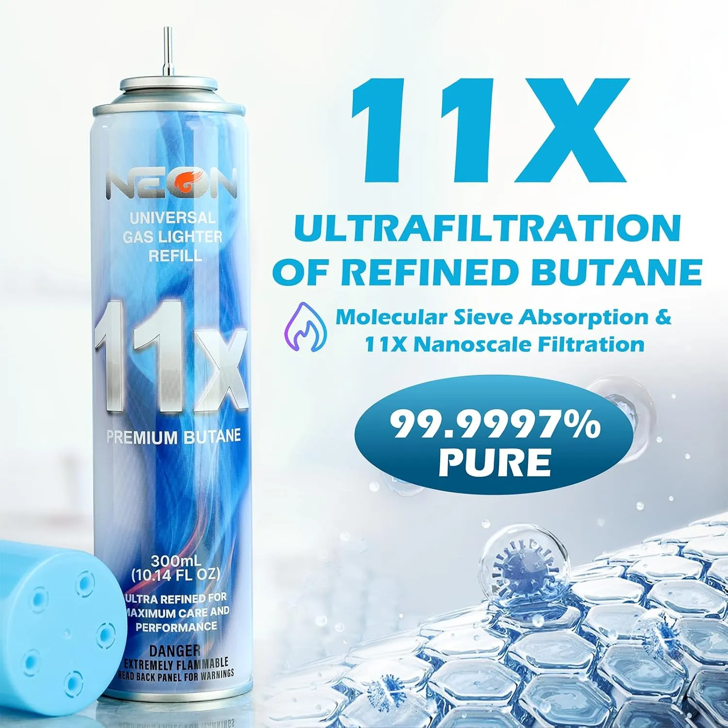 NEON Butane Refill, 11X Ultra-Refined Butane Fuel, 300ml Premium Lighter Fluid with Metal Nozzle & 5 Butane Gas Refill Adapters for Refillable Jet Flame Lighters, Torches, and Culinary Use, 4 Cans