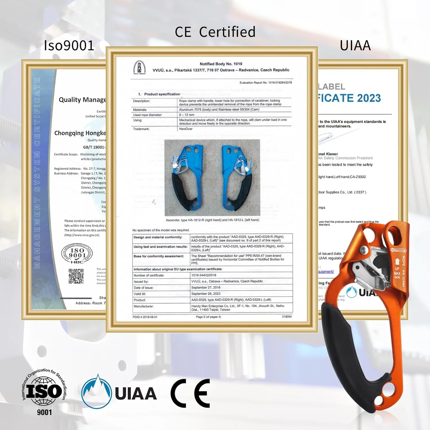 NewDoar UIAA & CE Certified Hand Ascender Rock Climbing Tree Arborist Rappelling Gear Equipment Rope Clamp for 8~13MM Rope